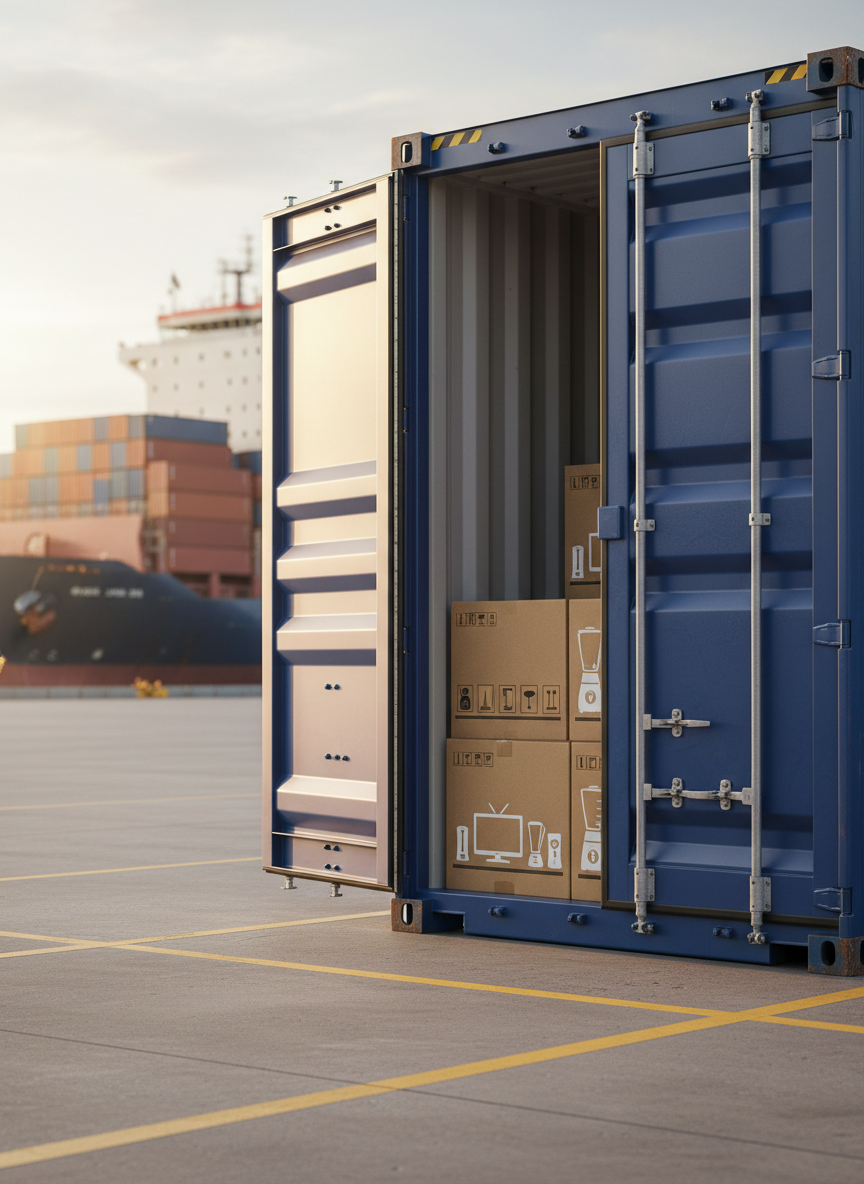 A global trade concept image featuring a large, glossy blue shipping container door partially open, revealing neatly stacked cartons printed with icons of various electronic goods like televisions, speakers, and kitchen appliances. The container stands on a clean shipping terminal surface with painted safety lines, while behind it, a blurred cargo ship and a distant container stack hint at a bustling port. Late afternoon natural light creates a subtle golden edge along the container’s corrugations and casts long, soft shadows across the ground. Shot in photographic realism at a three-quarter angle with moderate depth of field, the composition emphasizes international import-export strength and reliable cross-border logistics, with a calm yet industrious atmosphere.