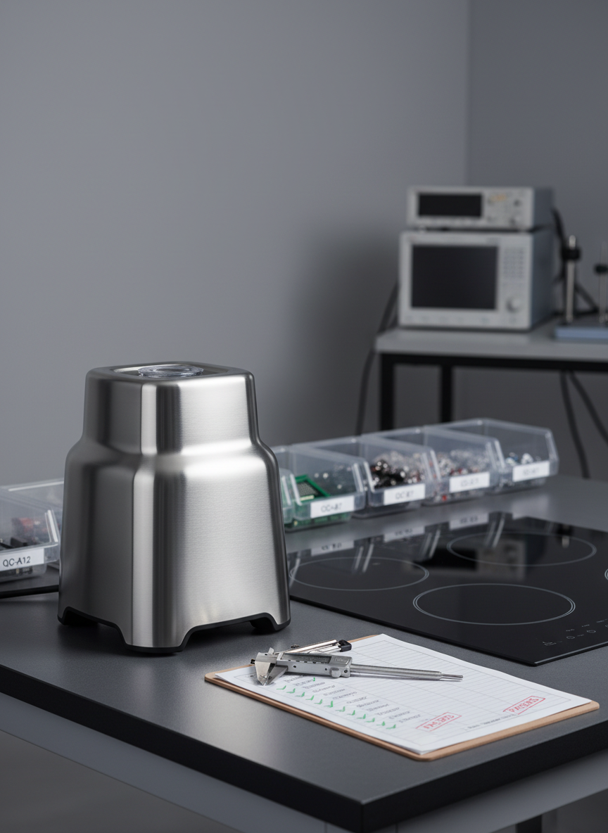 A high-end product inspection scene showing a single, meticulously crafted stainless steel commercial blender base and a glossy black induction cooktop placed on a matte charcoal workbench. Around them lie digital calipers, a clipboard with quality control checkmarks, and a row of labeled electronic components organized in small transparent bins. Neutral gray walls and a blurred rack of test equipment in the background set a technical, controlled environment. Soft, directional studio lighting from the upper left creates crisp reflections on metal and glass, defining edges and surfaces without harsh glare. Photographic realism, shot from an eye-level three-quarter angle with a moderate depth of field, evokes rigorous manufacturing standards, reliability, and a professional, detail-focused quality assurance process.