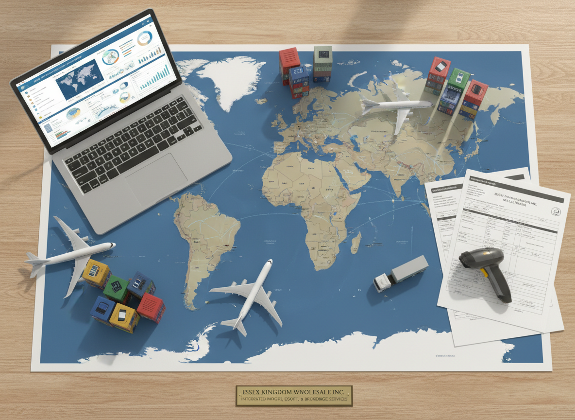 An overhead, photographic realism view of a logistics planning desk featuring a large world map with major trade routes highlighted in subtle blue lines. Resting on the map are neatly arranged miniaturized models of shipping containers, cargo planes, and trucks, each printed with small icons of electronic products. A slim silver laptop displays a distribution dashboard, while a stack of organized shipping documents and a barcode scanner sit nearby on the smooth, light oak surface. Soft, diffused daylight filters in from an unseen window, creating gentle shadows and a calm, analytical mood. The composition is clean and balanced, bridging global strategy and on-the-ground execution, perfectly representing Essex Kingdom Wholesale Inc.’s integrated import, export, and brokerage services.