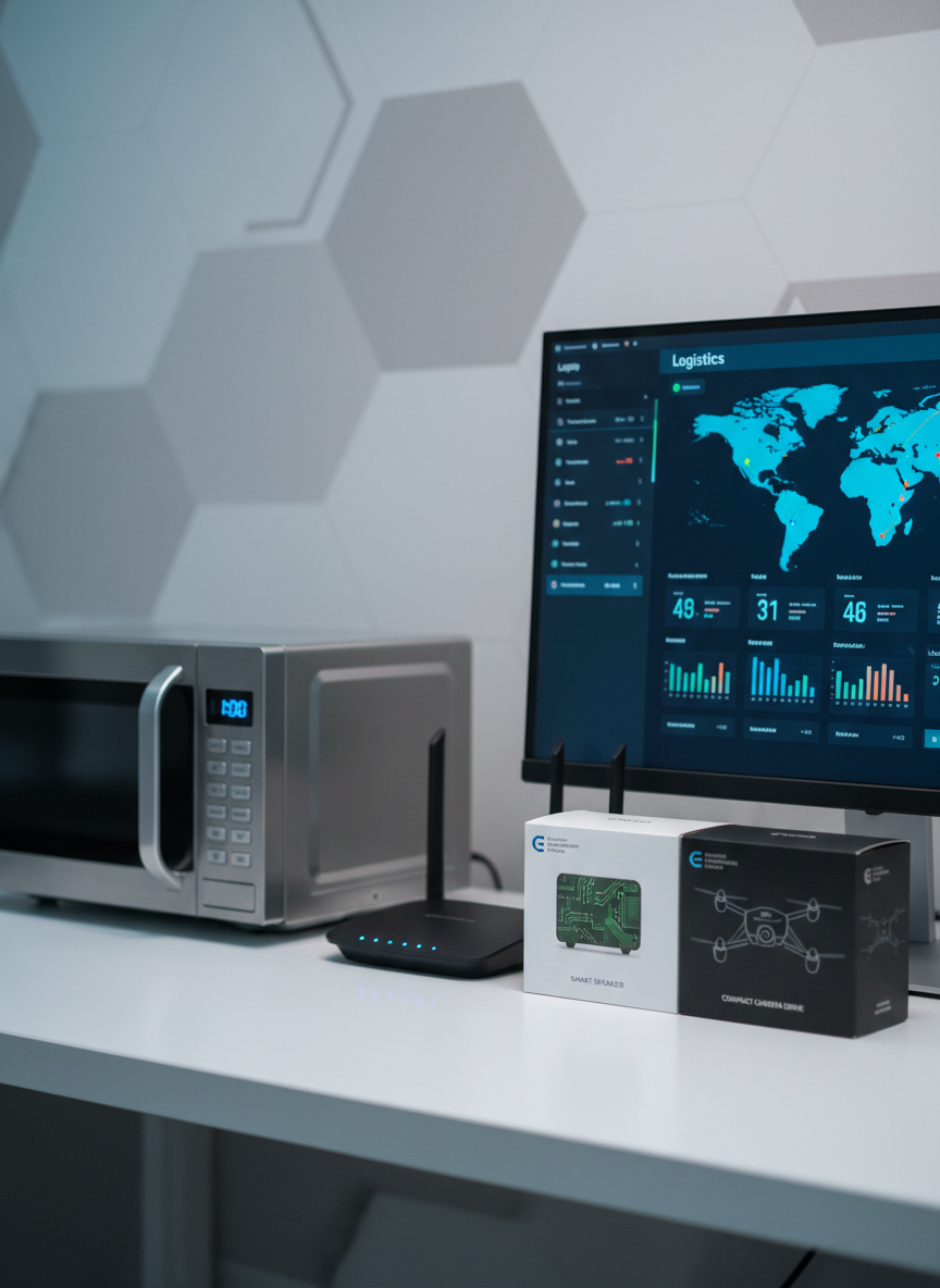 A close-up, photographic realism shot of a pristine white workstation showcasing a curated selection of commercial and household electronics: a slim 4K monitor with a vivid logistics dashboard, a compact stainless steel microwave, a sleek black Wi-Fi router with illuminated status LEDs, and a row of neatly aligned product boxes with clean, minimalist packaging. The background fades into a softly blurred wall of neutral gray with subtle geometric patterns. Cool, diffused studio lighting from above and one side creates gentle reflections on plastic and metal surfaces without glare. Framed at eye level with a shallow depth of field, the scene feels modern, precise, and professional, highlighting product quality and the diversity of Essex Kingdom Wholesale Inc.’s electronic offerings.