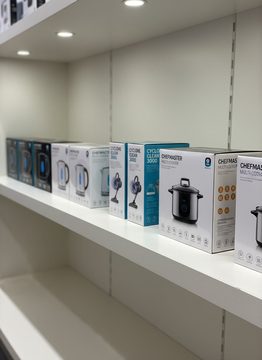A row of professionally packaged household electronic products—smart kettles, compact vacuum cleaners, and multi-cookers—lined up on a long, matte white display shelf in a minimalist showroom space. Each box features clean branding, technical icons, and clear product imagery, all aligned with precise spacing. The background consists of a softly blurred wall with subtle vertical paneling in a light neutral tone. Bright, even showroom lighting from recessed ceiling fixtures illuminates the packaging without creating harsh reflections. Captured in photographic realism from an eye-level, side perspective following the shelf’s length, the composition uses leading lines and shallow depth of field to communicate order, product variety, and a polished, professional wholesale presentation intended for retailers and commercial buyers.