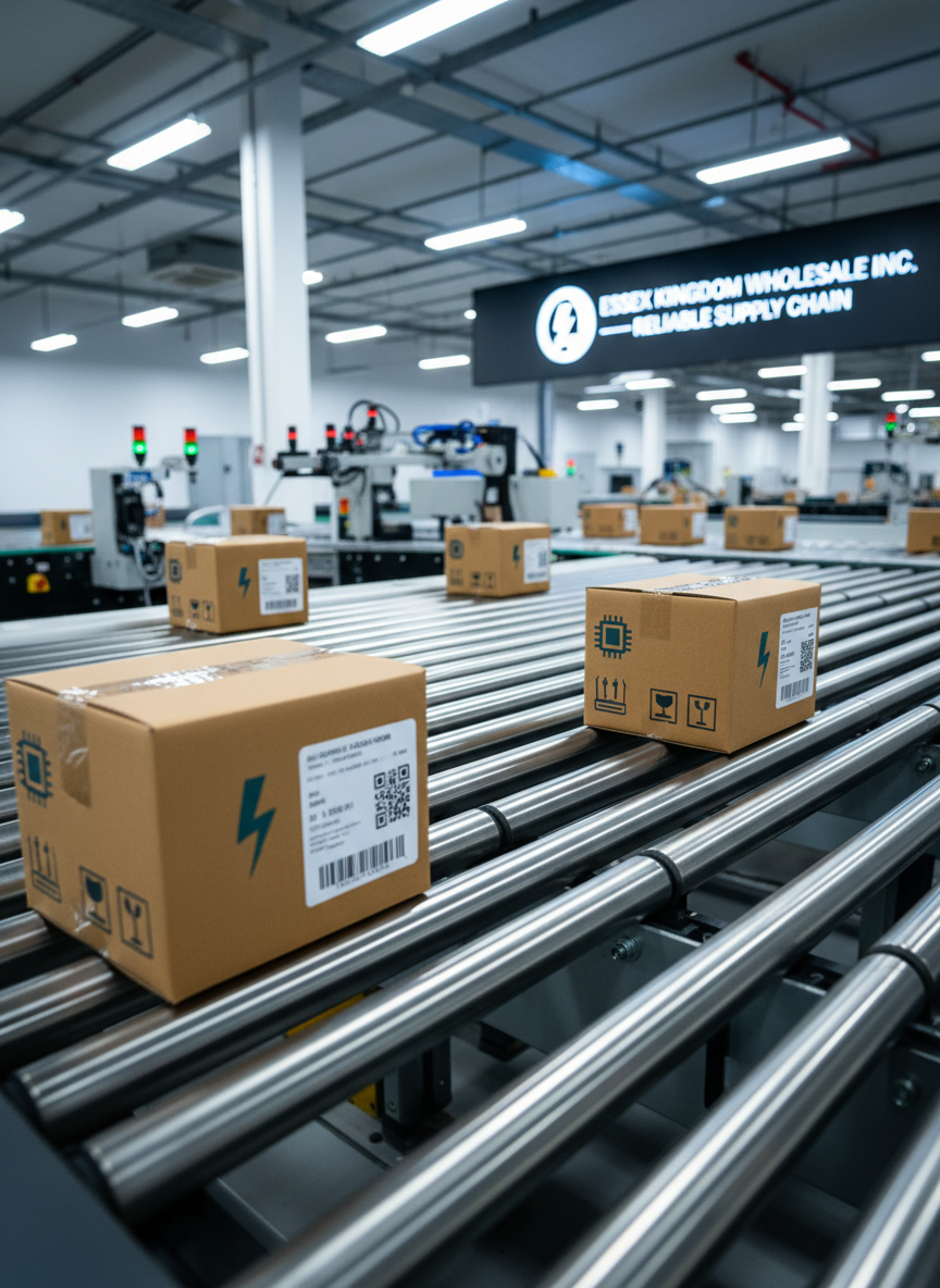 A detailed close-up of a conveyor system inside a modern electronics distribution center, with uniform cardboard boxes of varying sizes moving along a smooth, brushed-steel roller conveyor. Each box features printed electronic product symbols and crisp shipping labels with barcodes and QR codes. In the midground, automated sortation arms and sensor arrays stand ready, slightly out of focus to avoid visual clutter. Cool, balanced LED lighting creates clear highlights on metal rollers and subtle shadows beneath boxes, emphasizing precision and efficiency. Captured in photographic realism from a low, side angle along the conveyor’s length, the composition uses strong depth and motion blur on a few boxes to convey high-throughput, reliable supply chain operations managed by Essex Kingdom Wholesale Inc.