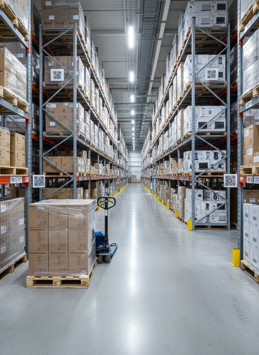 A spacious, impeccably organized electronics warehouse interior filled with neatly stacked pallets of branded cardboard cartons containing televisions, laptops, and small household appliances. Tall industrial metal shelving stretches into the distance, each level labeled with bold barcodes and RFID tags. In the foreground, a sturdy wooden pallet with shrink-wrapped boxes sits on a clean, polished concrete floor beside an idle electric pallet jack. Cool, even LED overhead lighting bathes the scene in bright, shadow-free illumination, emphasizing efficiency and order. Captured with photographic realism from a slightly elevated, wide-angle perspective, the composition uses strong leading lines down the central aisle to convey scale, global distribution capability, and a professional, high-capacity supply chain environment.